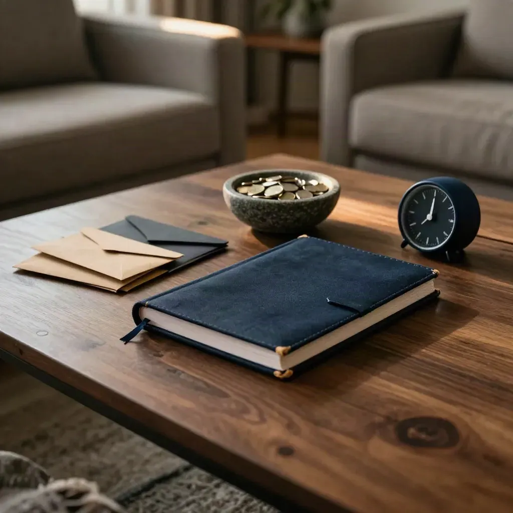 Closed budgeting notebooks, coin bowl, and a navy timer on a cozy living-room coffee table.