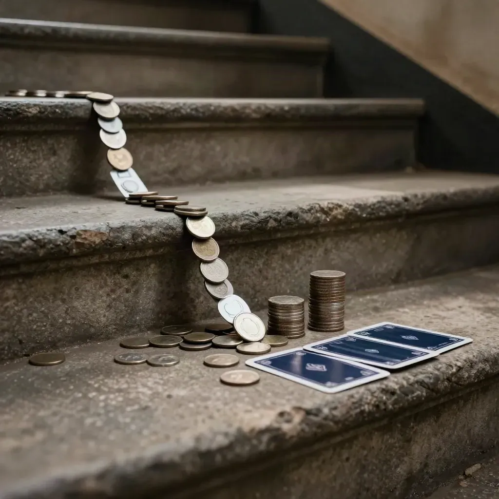 Coins topple on stone steps toward a larger stack and two face-down cards in cold light.