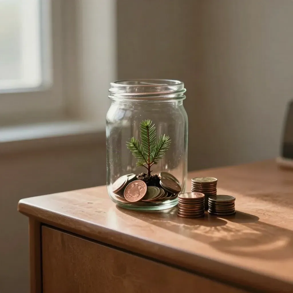 Clear savings jar with one coin, a tiny seedling and two small coin stacks on a warm terracotta sideboard.