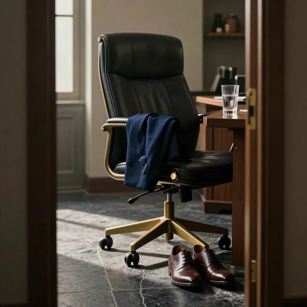 Quiet office chair with blazer, watch, water glass and shoes before a meeting.
