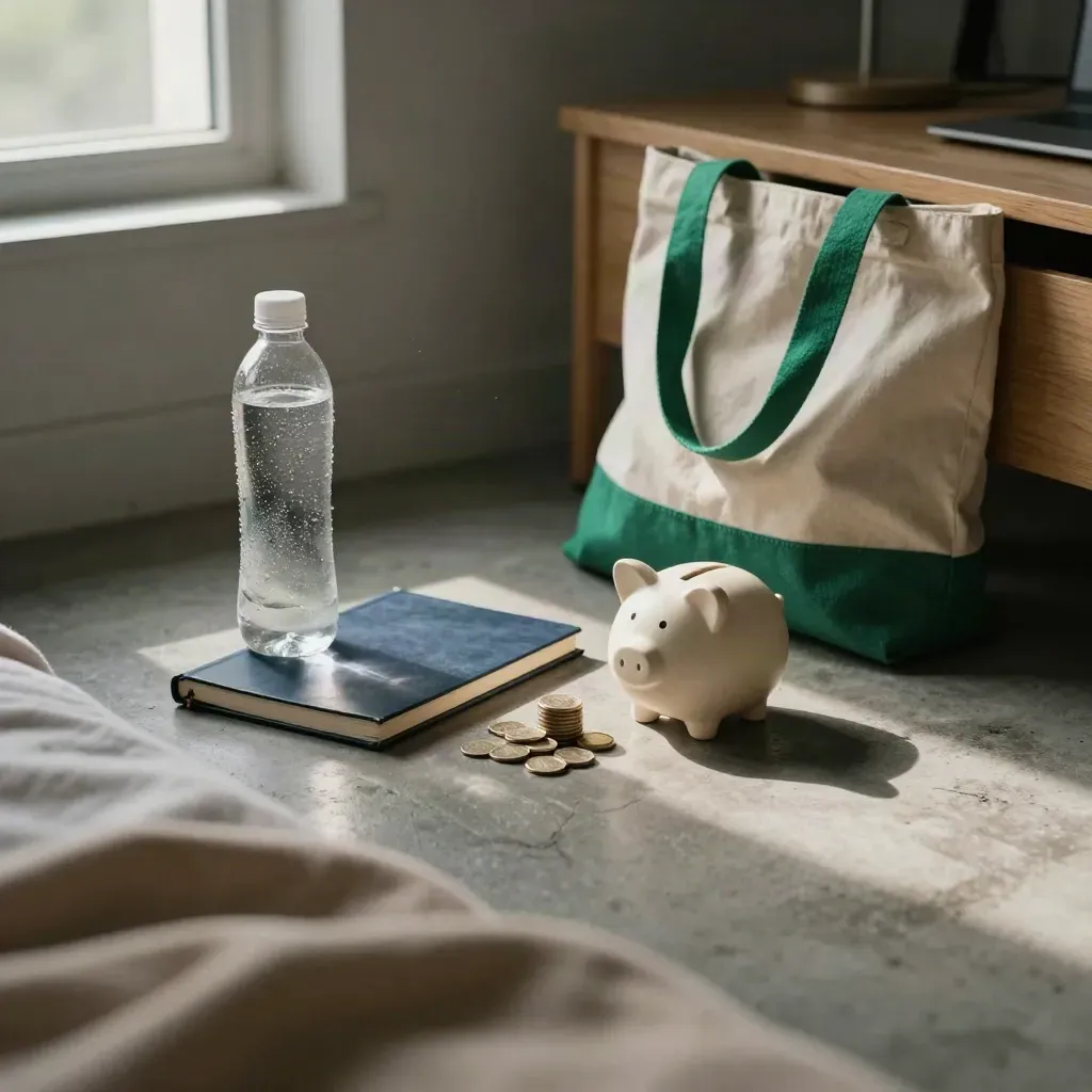 Dorm desk corner with savings setup: piggy bank, coins, notebook, water bottle, and tote in warm light