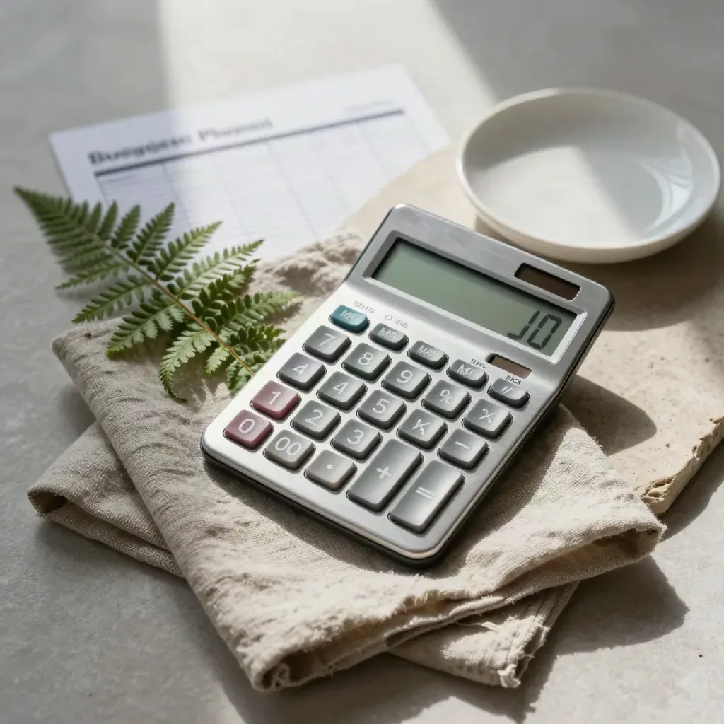 Calculator, flax cloth, fern, and white dish on stone in soft window light.